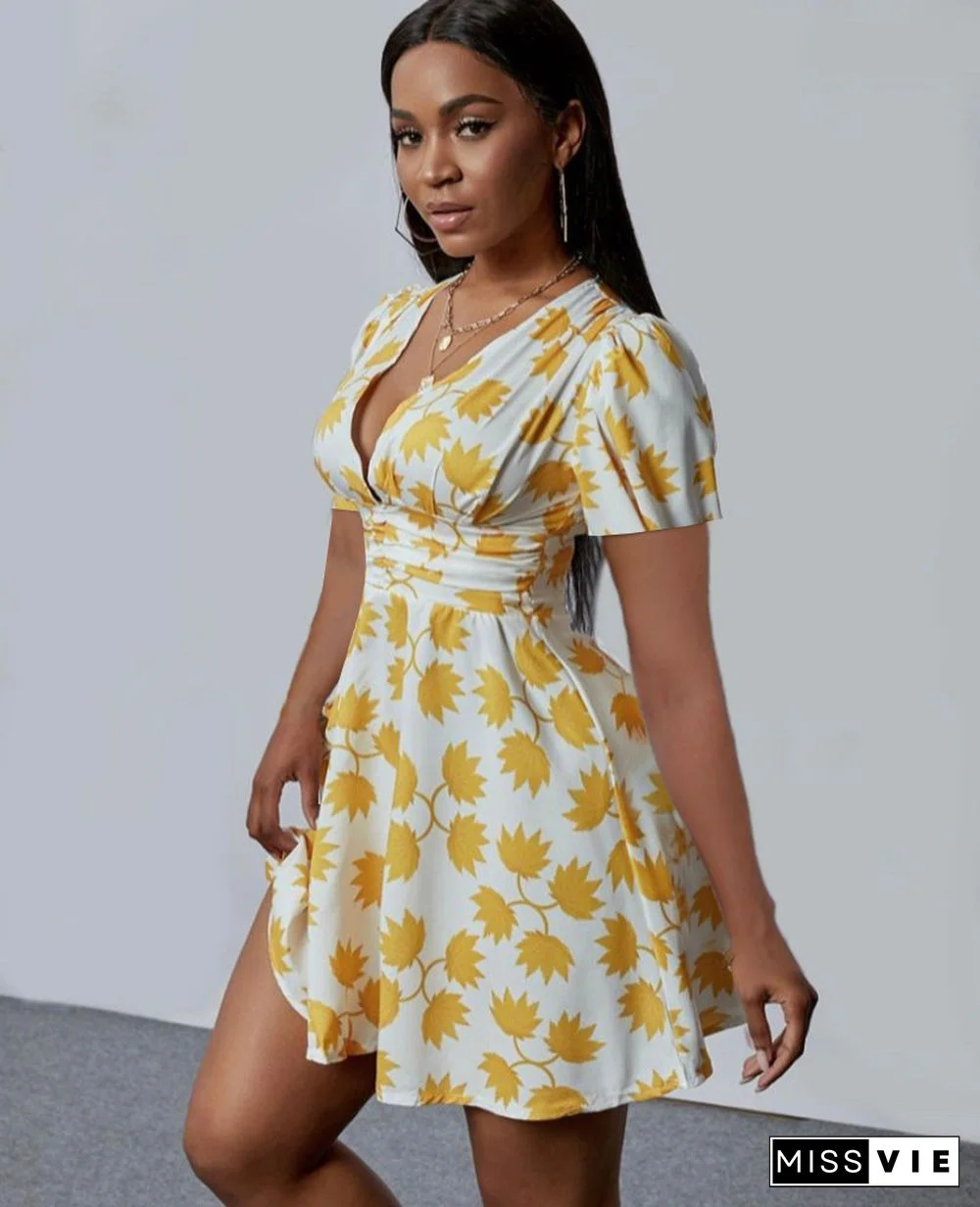 Women Casual V Neck Short Sleeve A Line Mini Dress