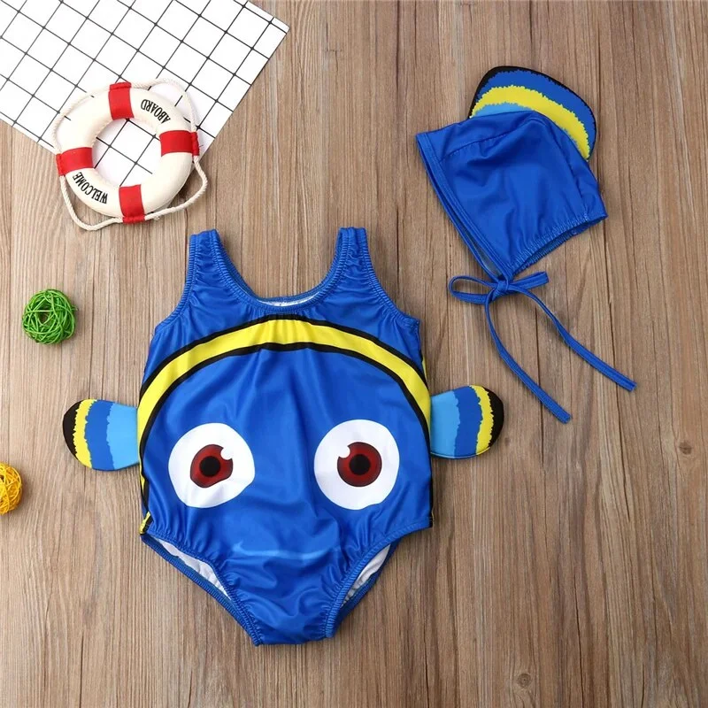Uveng Kids Baby Girl Swimsuit Tail Goldfish One Piece Swimsuit Swimwear Swimmable Costume Beachwear Swimming Hat 1-6T