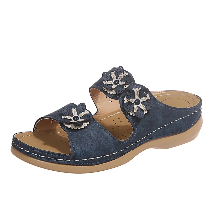 Breakj Breakj Summer New Thick-Bottomed Slippers Car Sewing Round Head Flowers Decorated Casual Slippers Women's Shoes Thick Soles