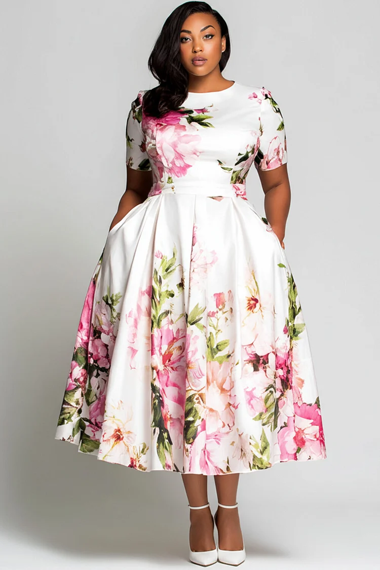 Xpluswear Design Plus Size Daily White Floral Round Neck Short Sleeve Pocket Pleated Satin Midi Dresses [Pre-Order] 2024 - Xpluswear