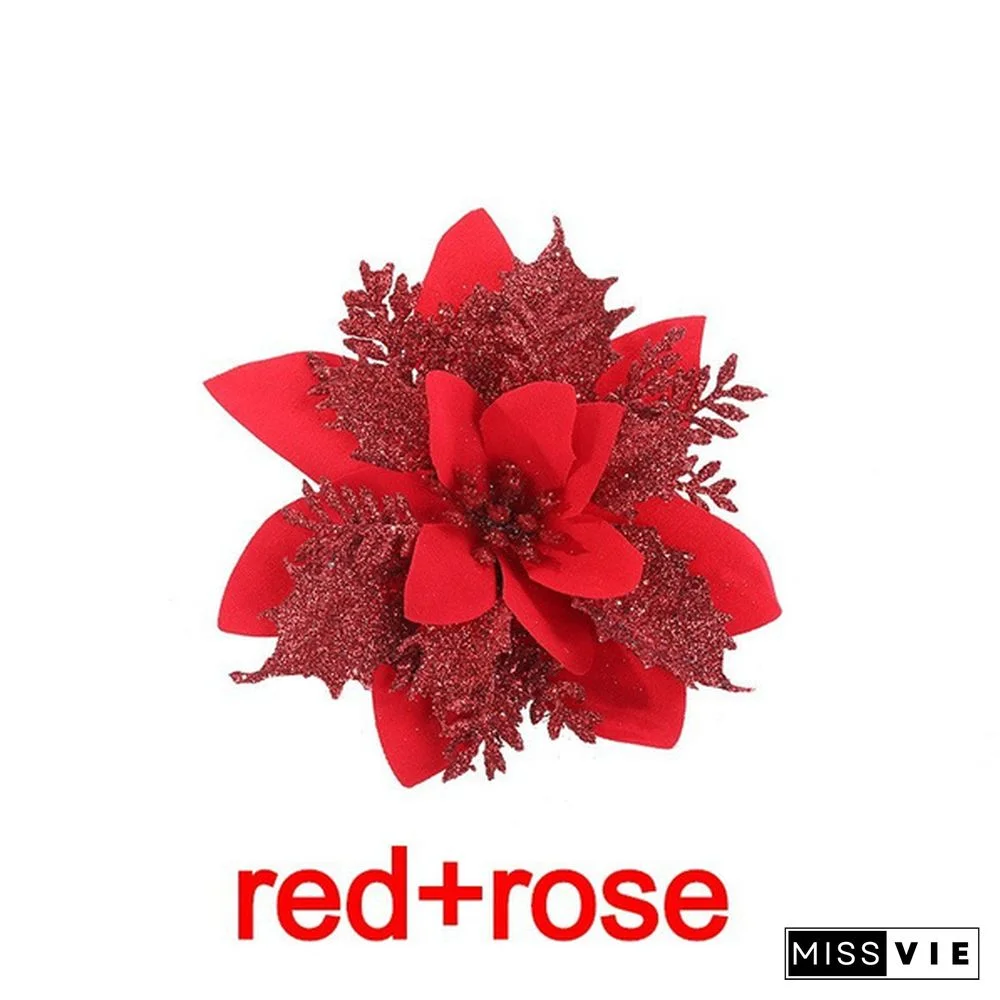 10 Pcs/Set Glitter Christmas Flower Poinsettia Christmas Tree Decorations Ornaments Christmas DIY Craft 11 Colors