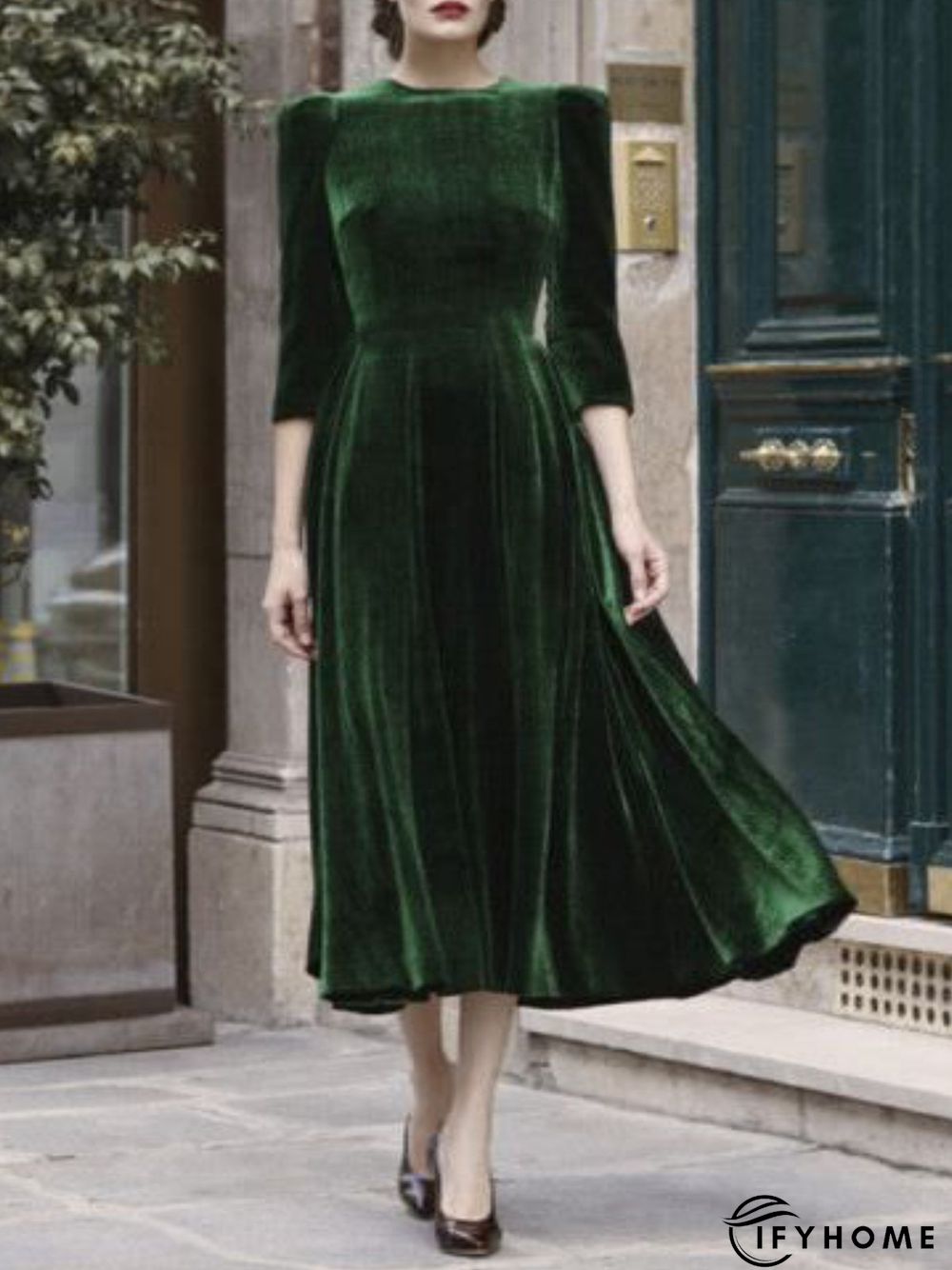 Army Green Vintage Velvet Knitting Dress | IFYHOME