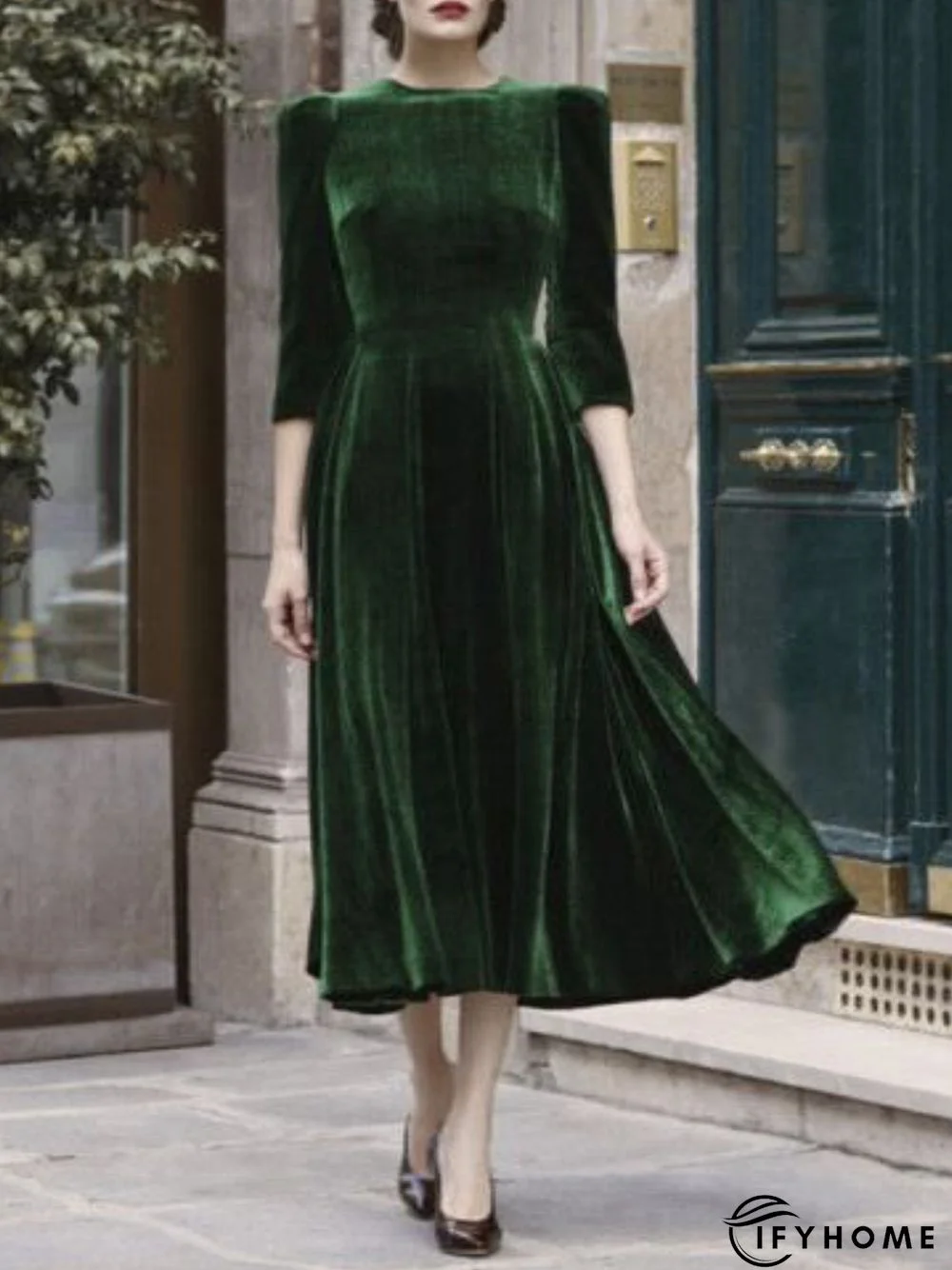 Army Green Vintage Velvet Knitting Dress | IFYHOME
