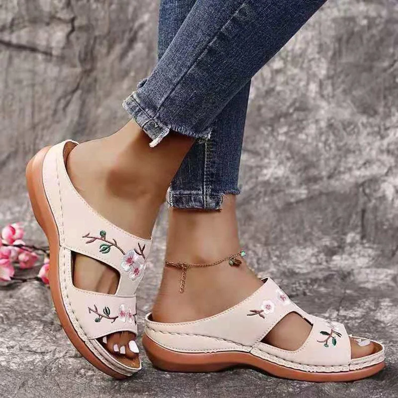 Rimocy Fashion Embroider Soft Slippers Women Summer Open Toe Flock Comfort Beach Shoes Mujer 2022 Outdoor Thick Bottom Slippers