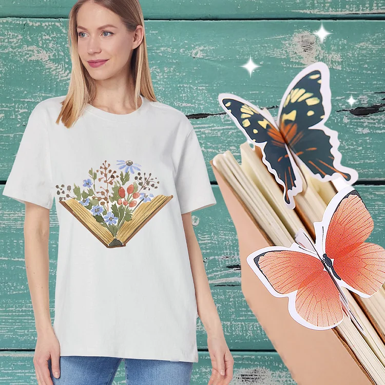 Flower On Book Casual T-Shirt with Free Gift -BSTC1682