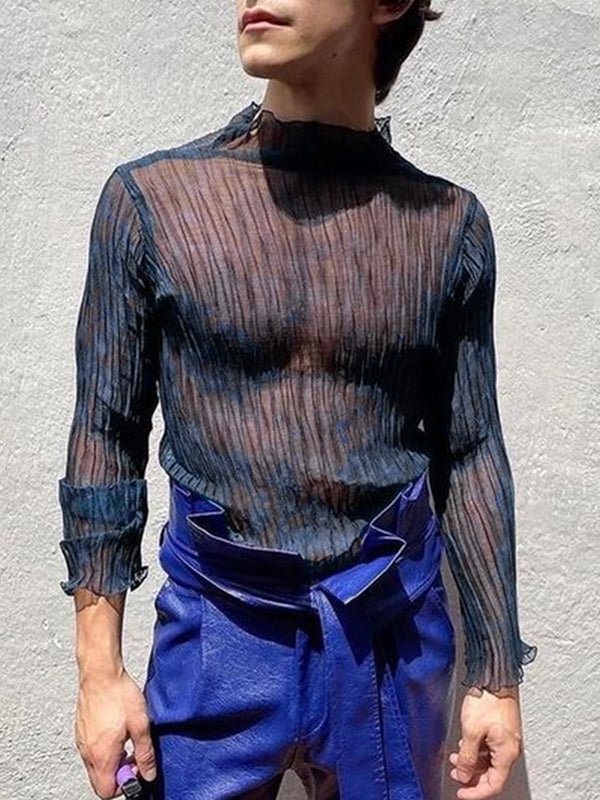 Mens Pleated Striped Long Sleeve T-Shirt SKUJ38224