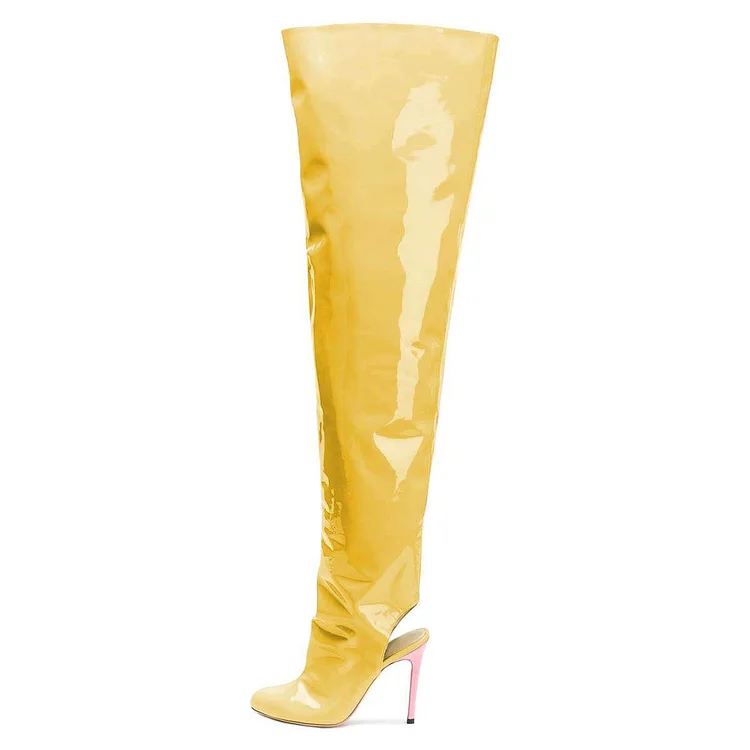 Yellow Patent Leather Over-the-knee Slingback Stiletto Boots Vdcoo