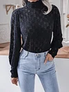 Stand Collar Puff Sleeves Lace Solid Color Fashion T-Shirt Top