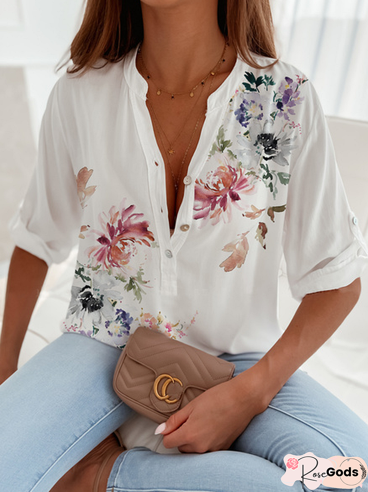 Cotton-Blend V Neck Loose Blouse