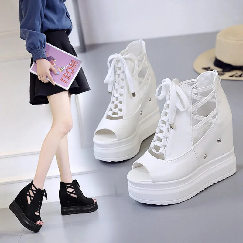 Summer Height Increasing Ankle Boots For Women Hollow Out Pep Toe Shoes Woman Fashion Cross Strap Chunky Platform Booties