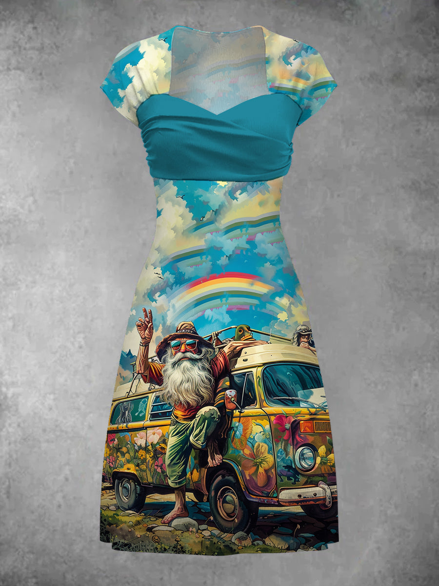 Vintage Hippie Art Print Chic Short Sleeve Mini Dress