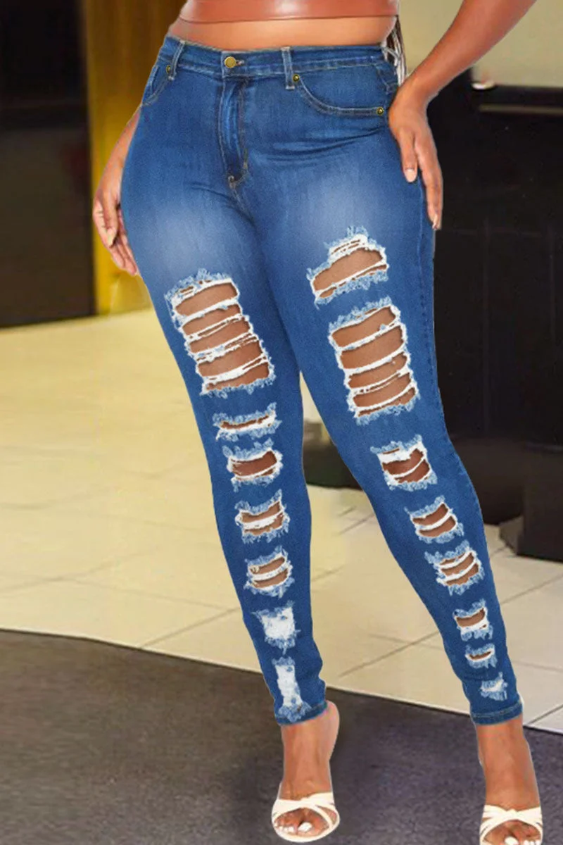Street Solid Ripped Make Old Split Joint High Waist Denim Jeans