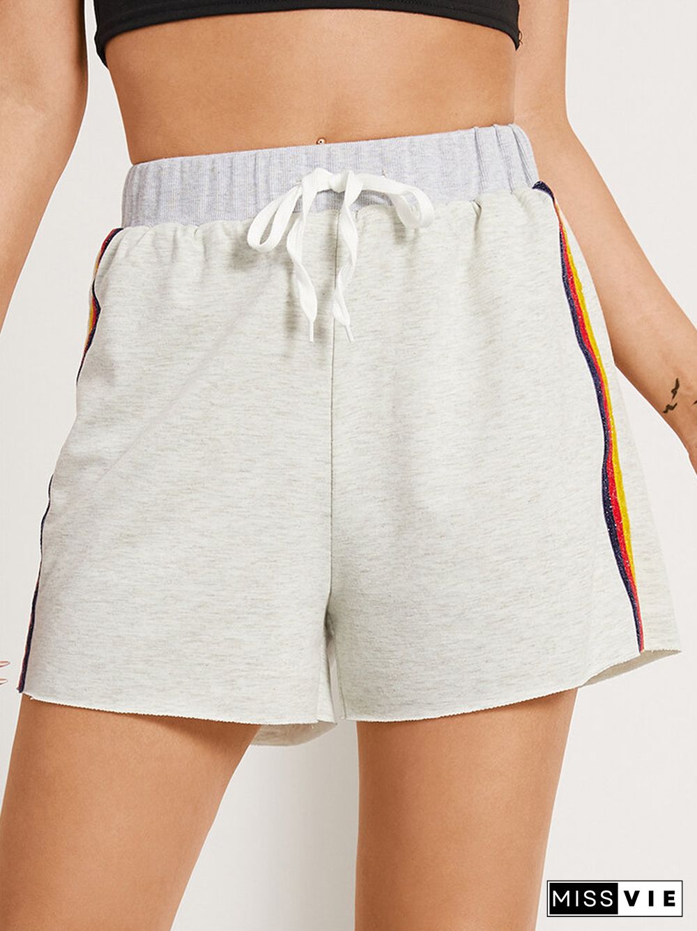 Side Striped Print Drawstring Casual Shorts for Women