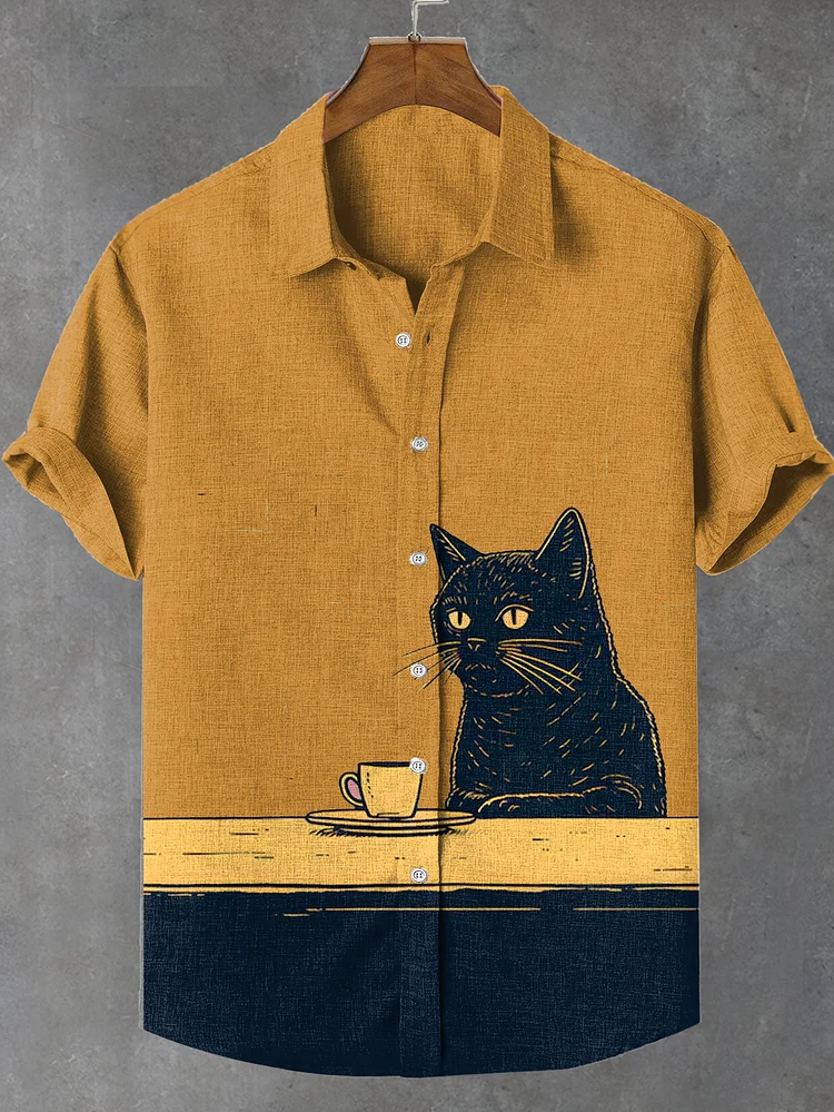 Men's Funny Black Cat Chilling Coffee Art Print Shirt