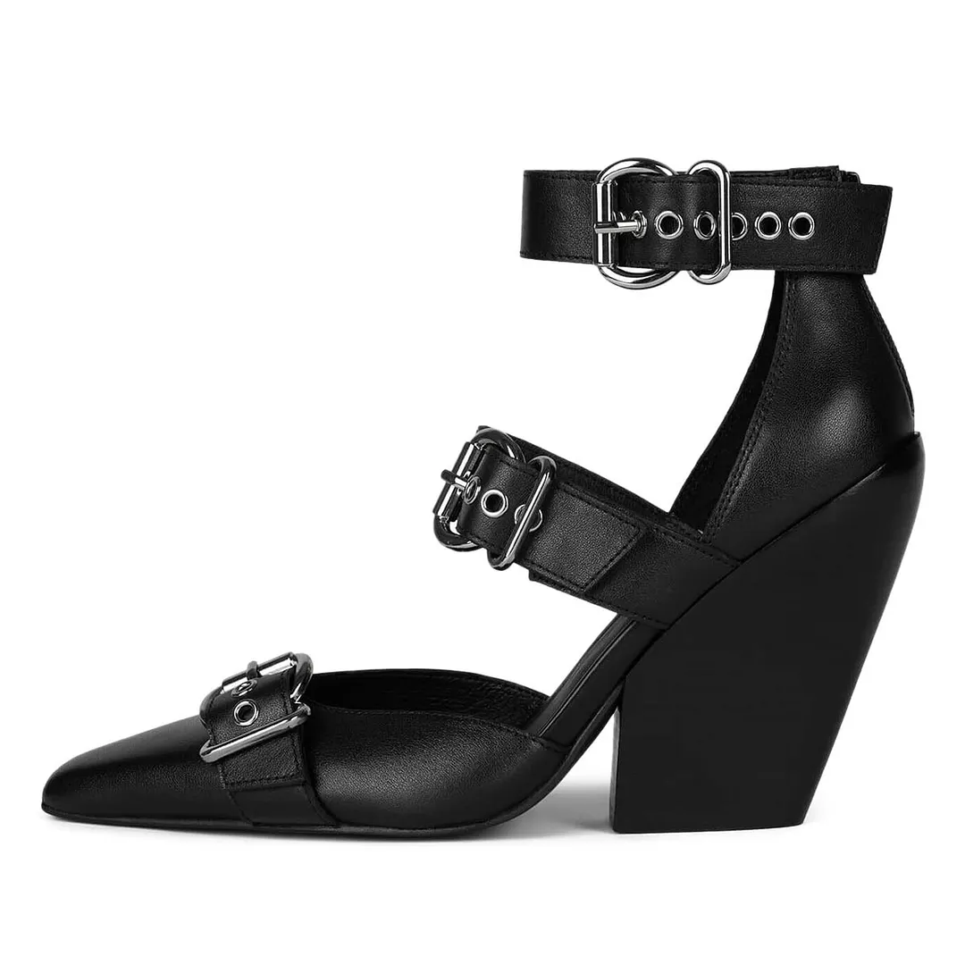 Vegan Leather Square Toe Grommets Strap Black High Heels with Buckle