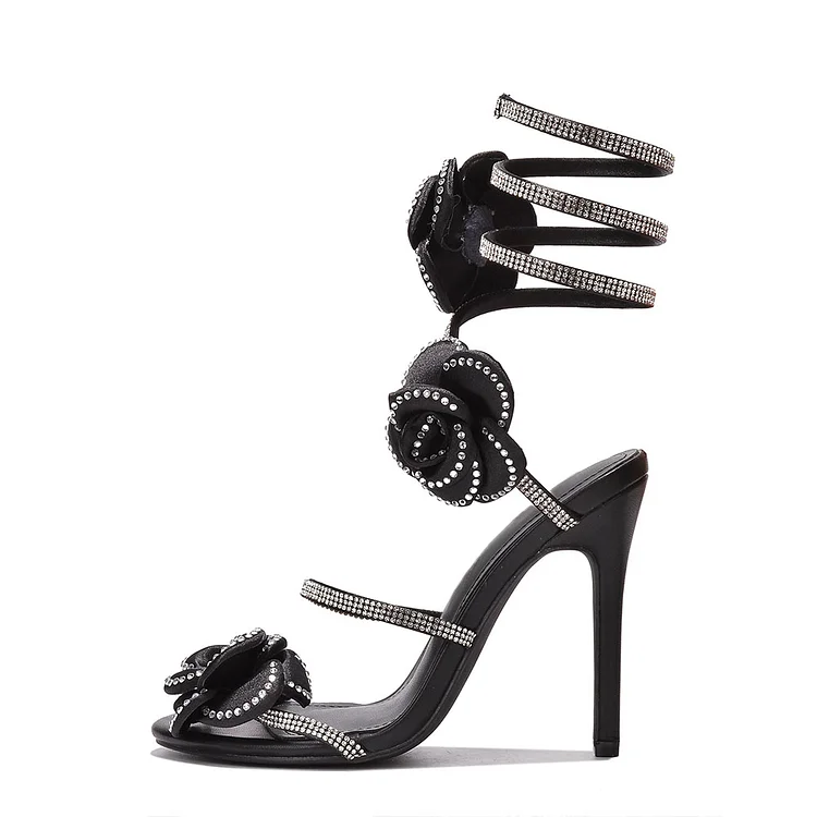 Black Sparkling Heels Satin Floral Wrap-Around Rhinestone Sandals |FSJ Shoes