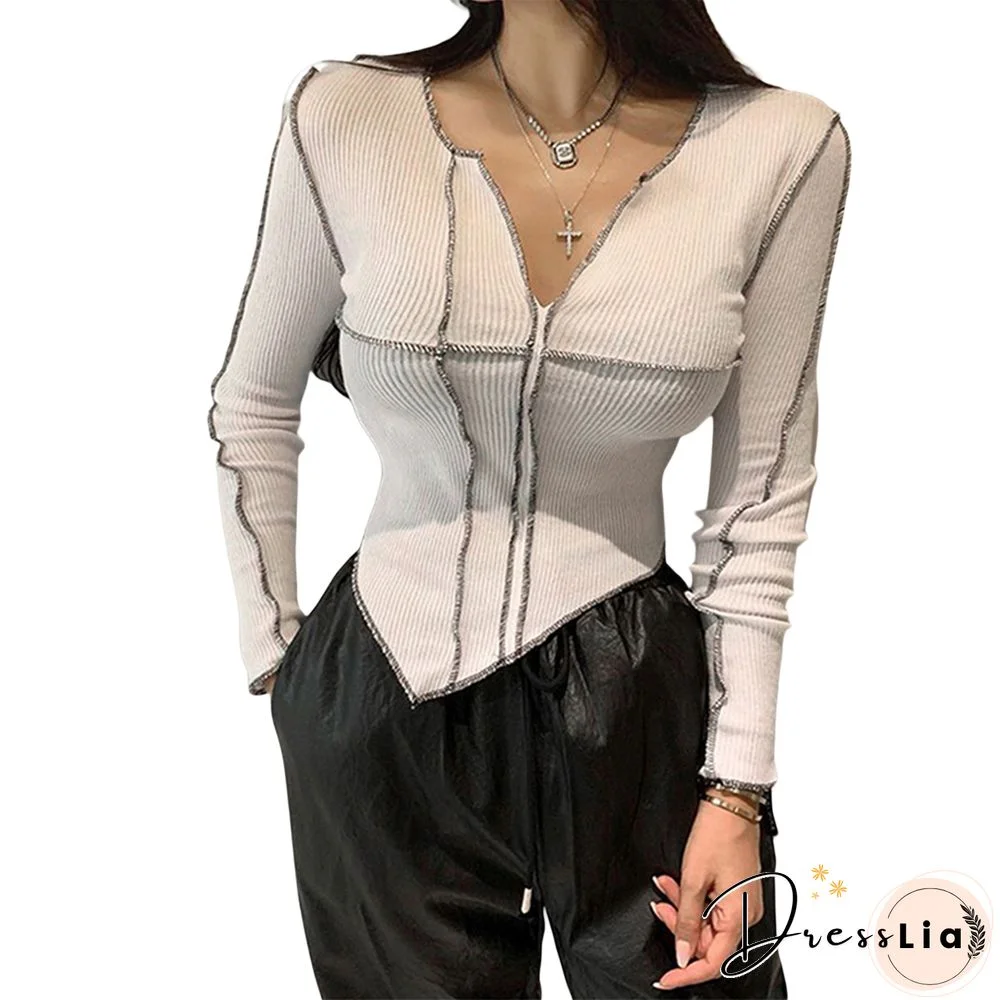Creative Surface Thread Splicing Crop Tops Long Sleeve Cut V-Neck Slim Wild Chic Casual Irregular Hem T-shirt Slim Base Shirt