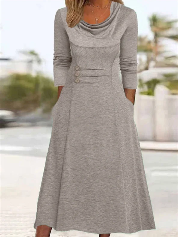 Women plus size clothing Women's Button Solid Color Scoop Neck Long Sleeve Maxi Dress-Nordswear