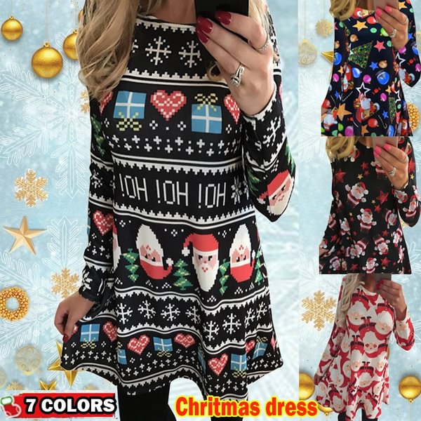 8 Colors Women's Fashion Long Sleeve O Neck Christmas Dress Santa Snowman Elk Printed Xmas Dress A Line Party Dress Swing Flared Skirt Plus Size XS-5XL - Shop Trendy Women's Fashion | TeeYours