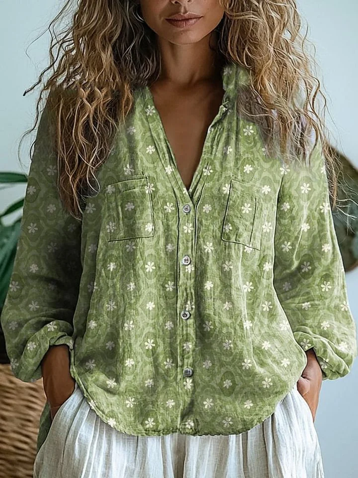 Watercolor Green Floral Pattern Printed Women's Casual Long Sleeve Comfortable Cotton Shirt