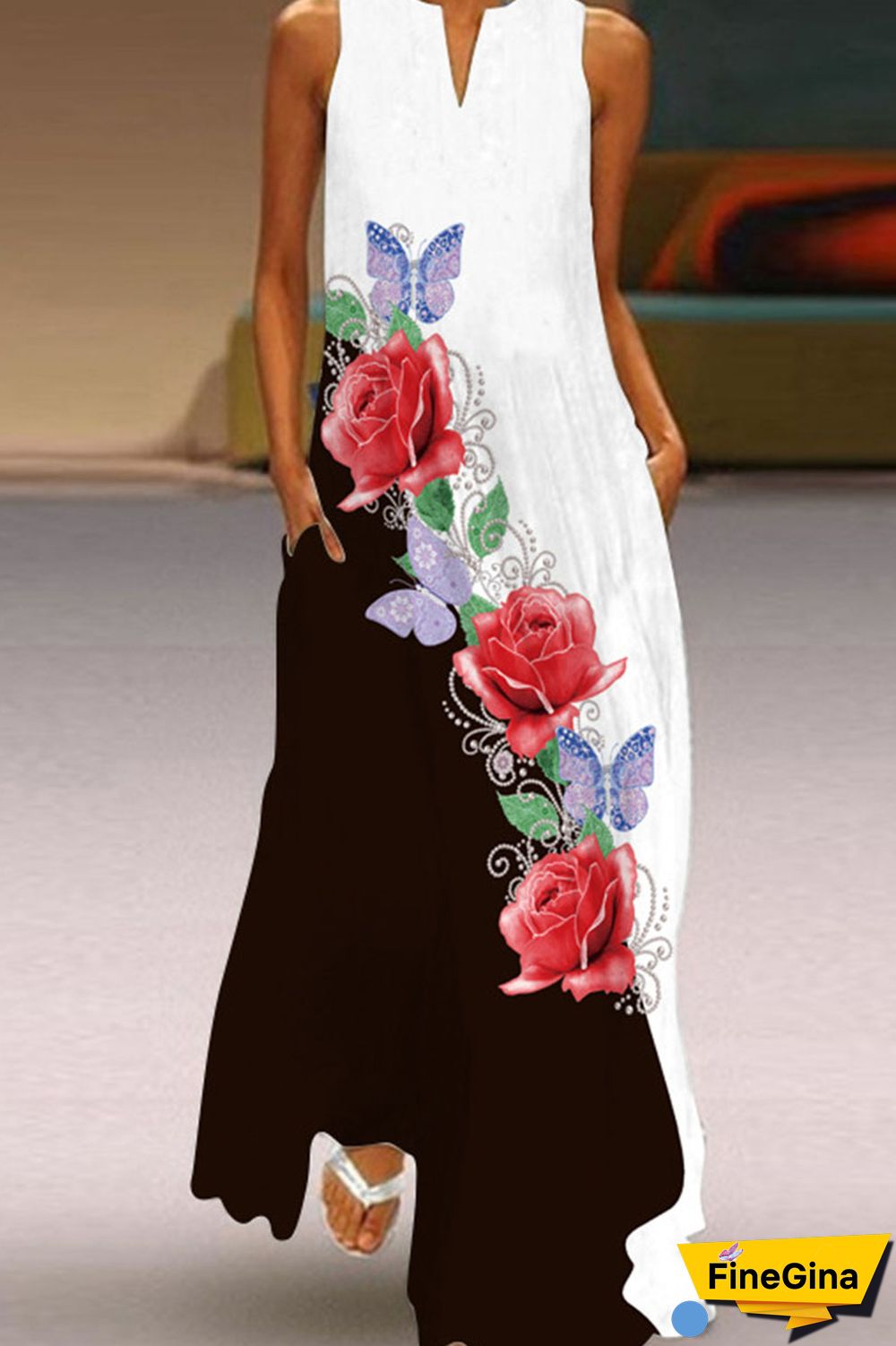 Yellow And Blue Casual Elegant Print Patchwork V Neck A Line Dresses