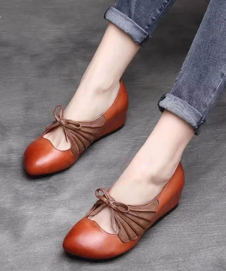 Vintage Brown Comfortable Cowhide Leather High Wedge Heels Shoes