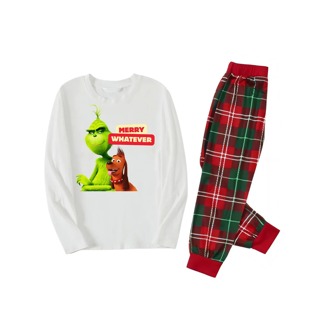 Christmas Cartoon Pattern and "Merry Whatever" Printed Red & Green Plaid Family Matching Pajamas