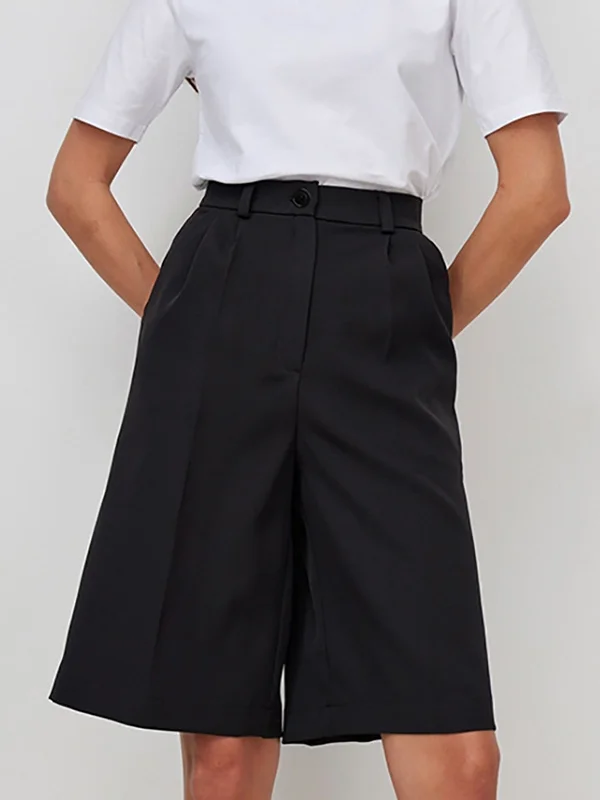 Split-Joint Solid Color Pleated Wide Leg Loose Shorts Bottoms Half Pants