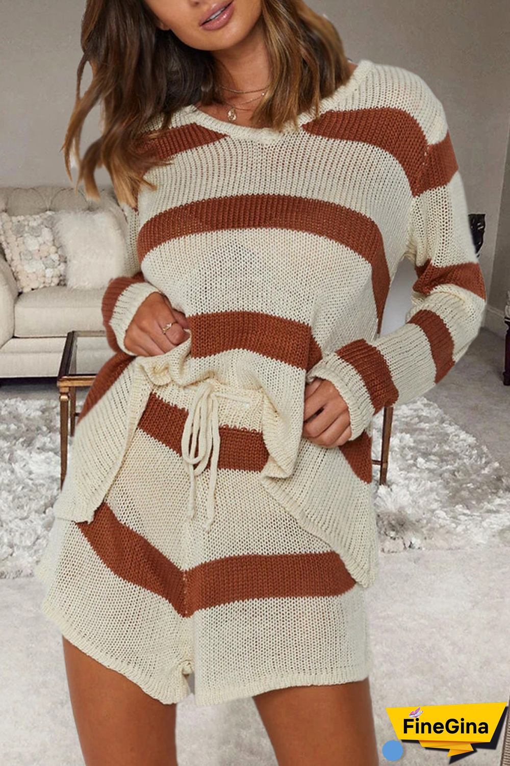 Striped V-Neck Knit Two Pieces Sets