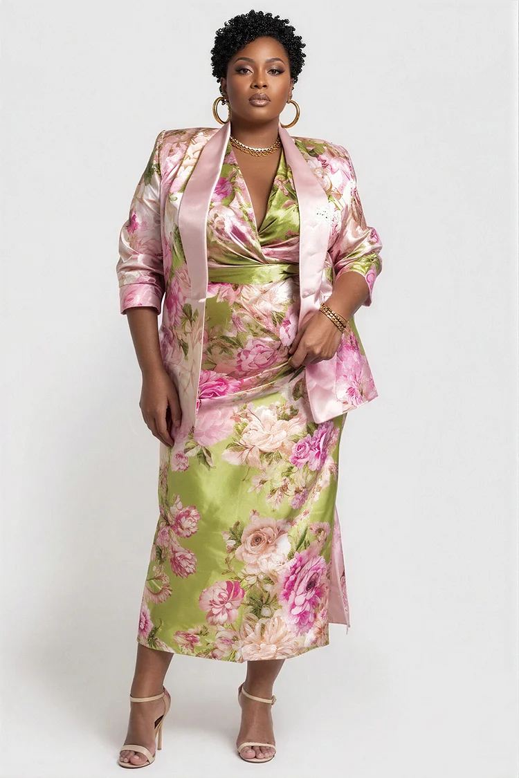 Xpluswear Design Plus Size Formal Elegant Pink Floral Turndown Collar 3/4 Sleeve Bodycon Satin Two Piece Dress Set [Pre-Order] 2024 - Xpluswear