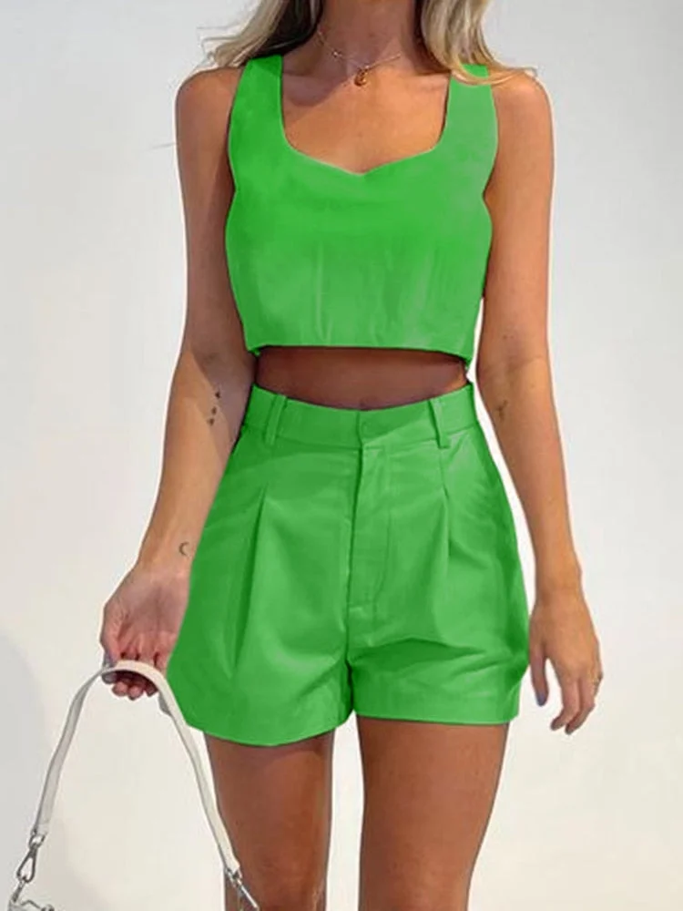 OOTN Casual Street Tank Crop Top Women Suits Summer Trendy Sleeveless 2 Pieces High Waist Wide Shorts Sets Green Pleated Elegant