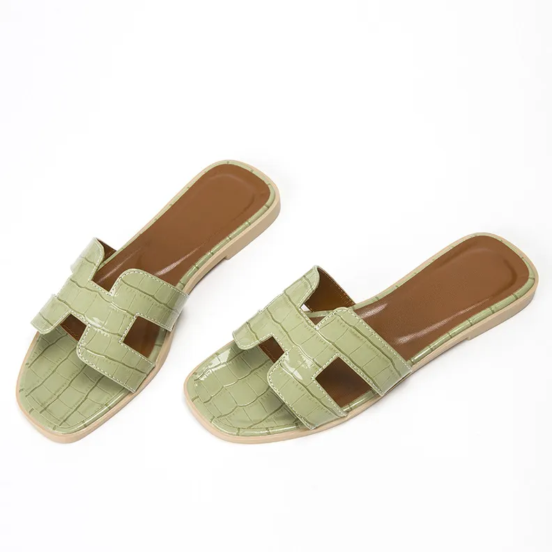Womens Square Open Toe Summer Casual Flat Crocodile Slippers-vocosishoes
