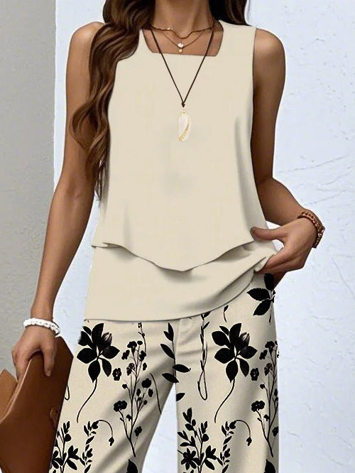Women's Sleeveless Square Collar Floral Printed Casual Set