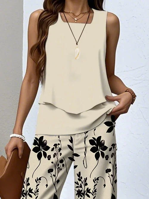 Women's Sleeveless Square Collar Floral Printed Casual Set