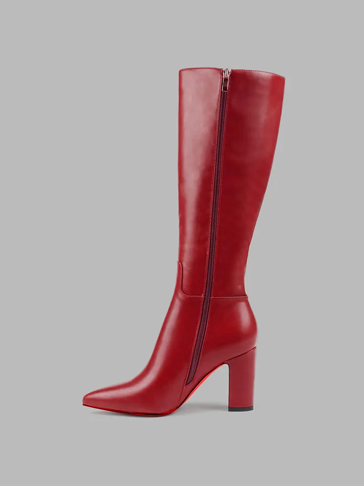 95mm Women's  Red Bottom Poined Toe Zipper Shoes High Heels Knee Boots