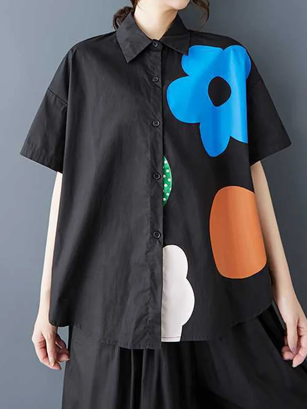 Flower Print Buttoned Short Sleeves Loose Lapel Blouses&Shirts Tops