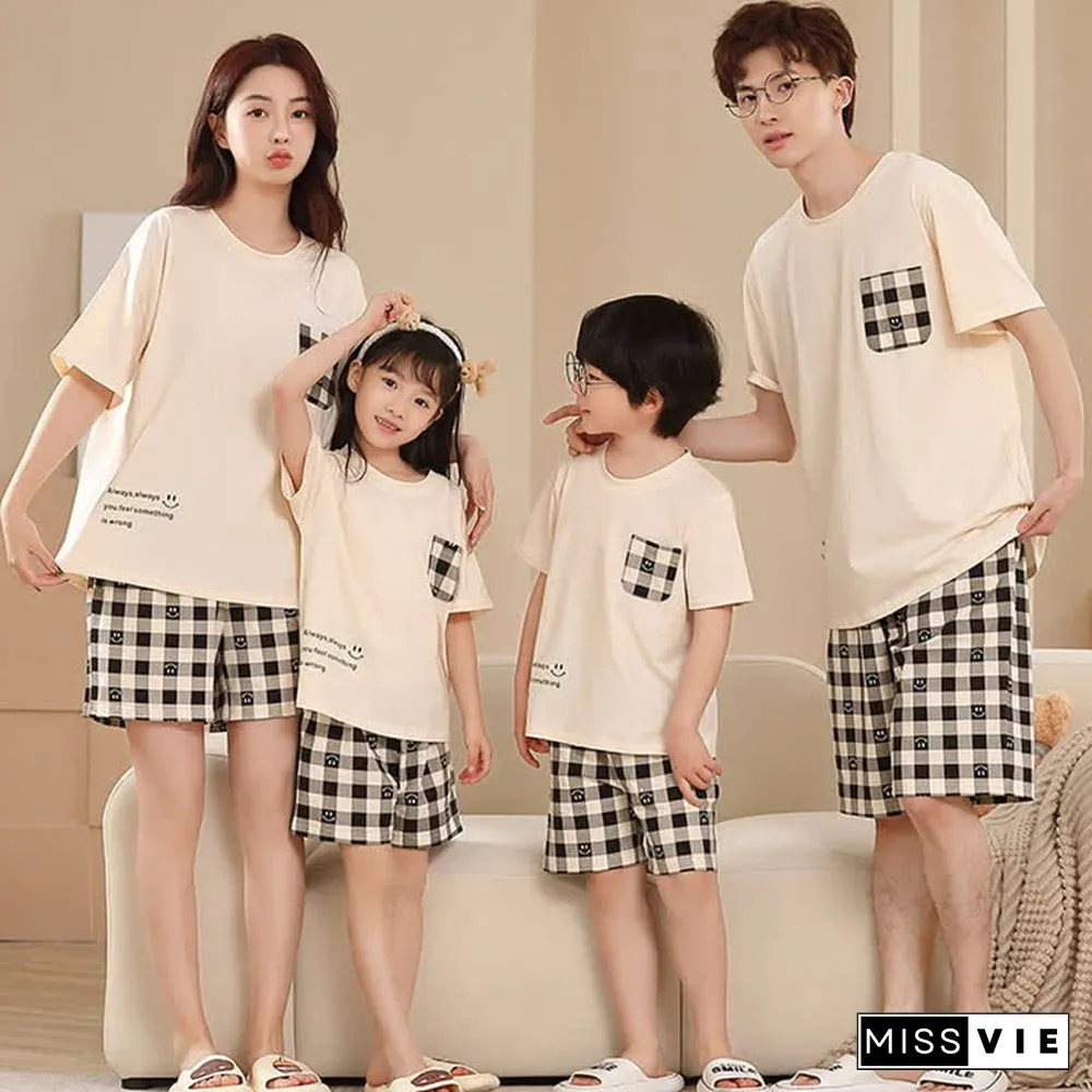 Smiling Face Lattice Summer Cotton Family Pajamas Matching Sets