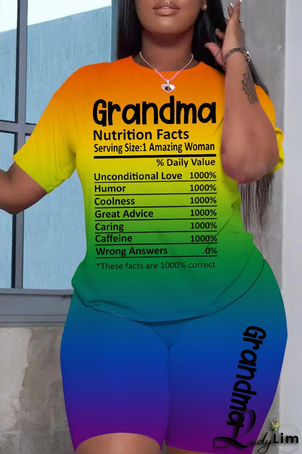 Light Blue Gradual Change Letter Print Basic O Neck Short Sleeve Two Pieces