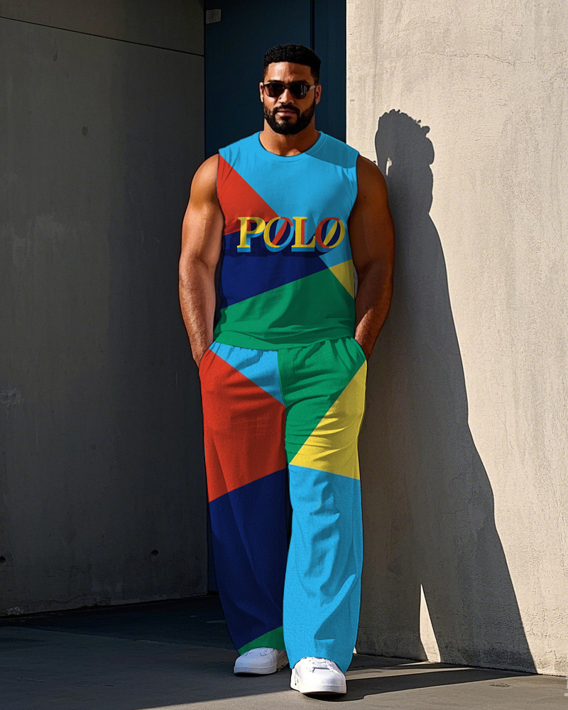 Big Men's Outdoor Letter POLO Classic Splicing Tangram Printed Casual Vest and Pants Set