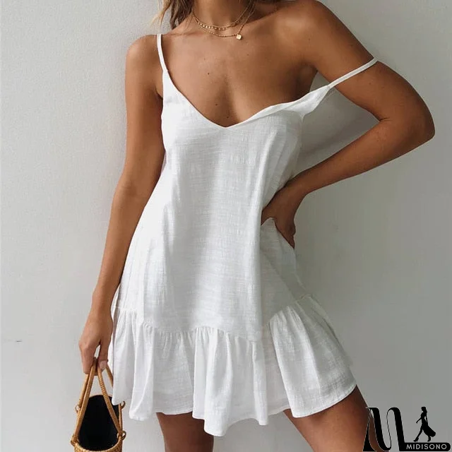 MidiSono - Loose Summer Dress Cotton Sexy White Halter V-neck Ruffled Women Casual Spaghetti Strap Mini beach clothes for women