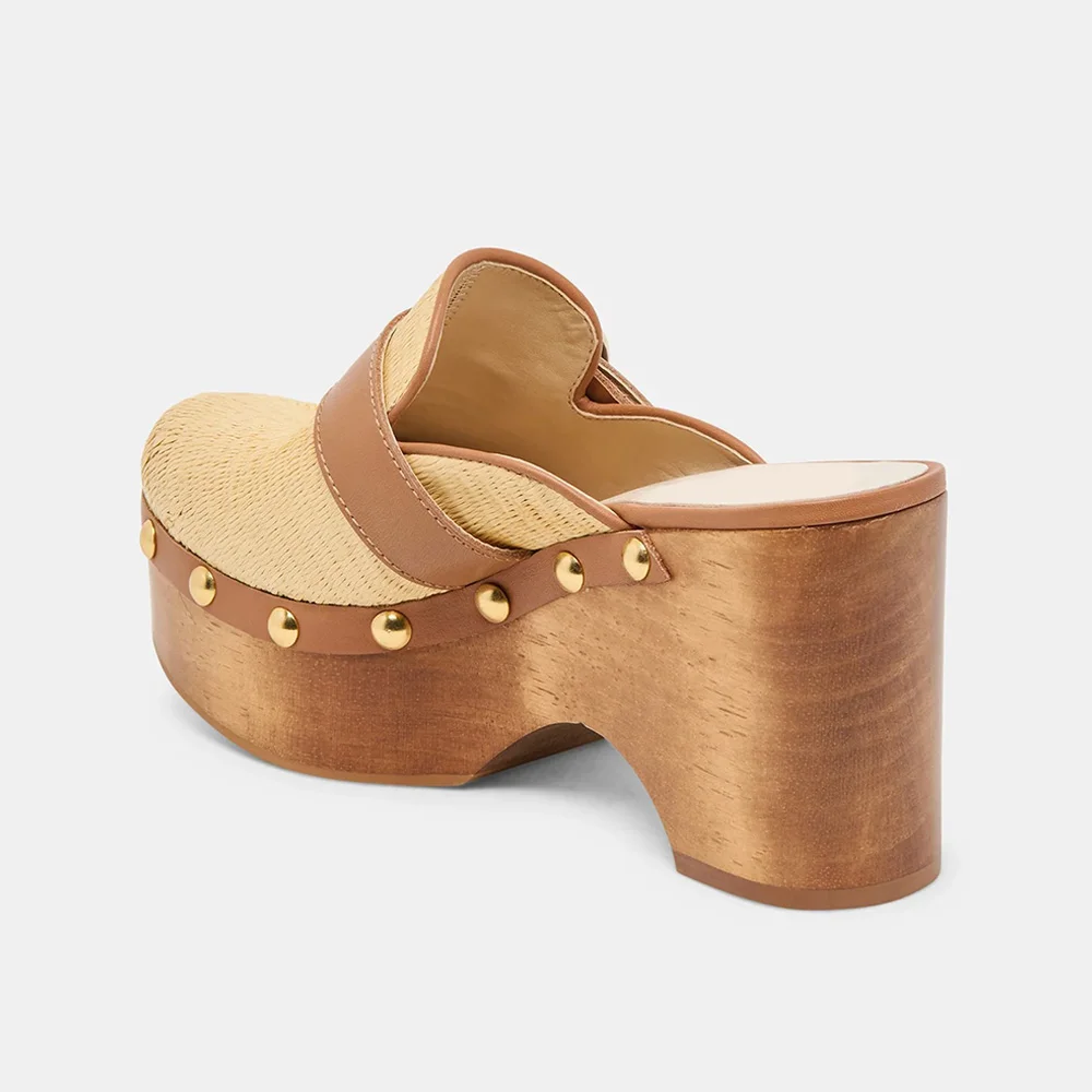 Beige Round Toe Studded Chunky Heel Buckle Strap Platform Mules