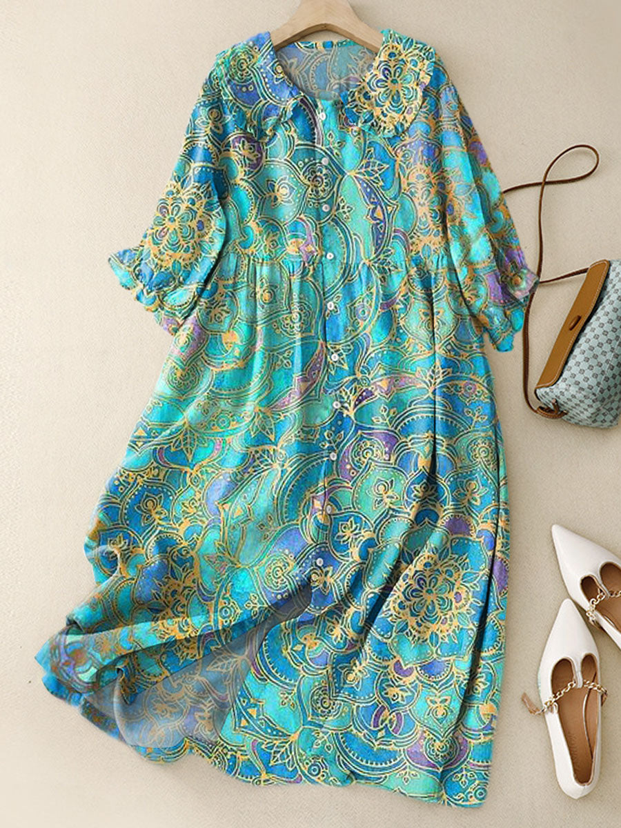 Women‘s Vintage Ethnic Pattern Art Print Peter Pan Collar Cotton Dress