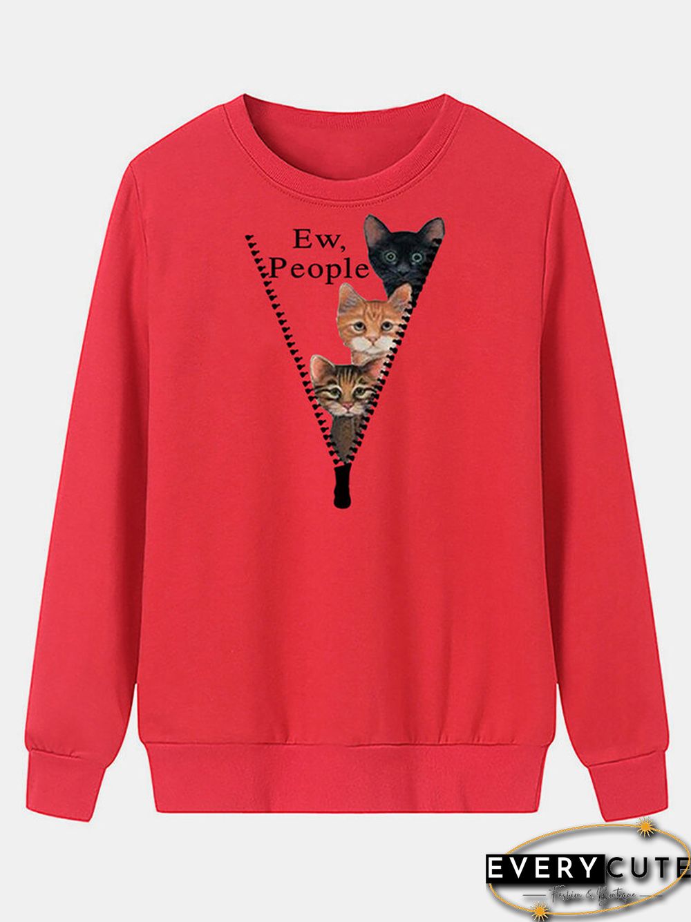 Cartoon Cat Printed O-neck Long Sleeve Sweatershirt
