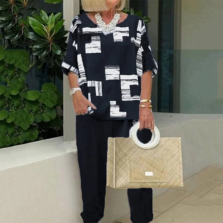 Women's casual fashion round neck print two-piece set