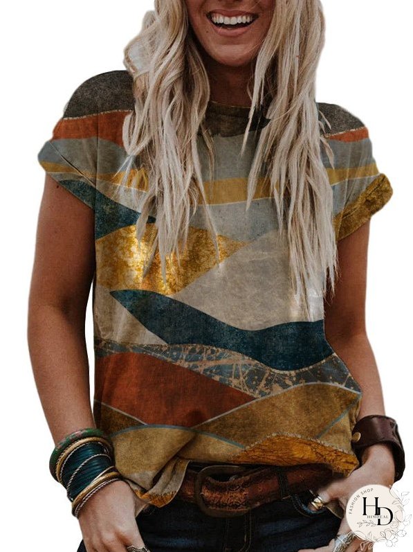 Casual Mountain Print Short Sleeve Loose Top T-shirt
