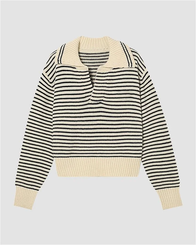 Retro Polo Collar Striped Sweater