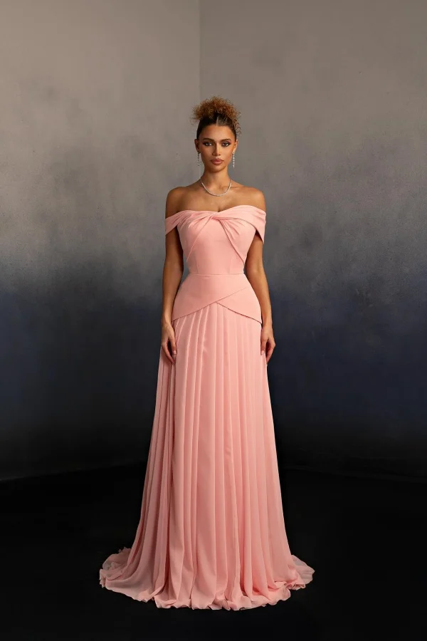 Baby Pink Off-The-Shoulder Strapless Sleeveless Long A-Line Prom Dress With Pleated | YC0257 Wellcucu
