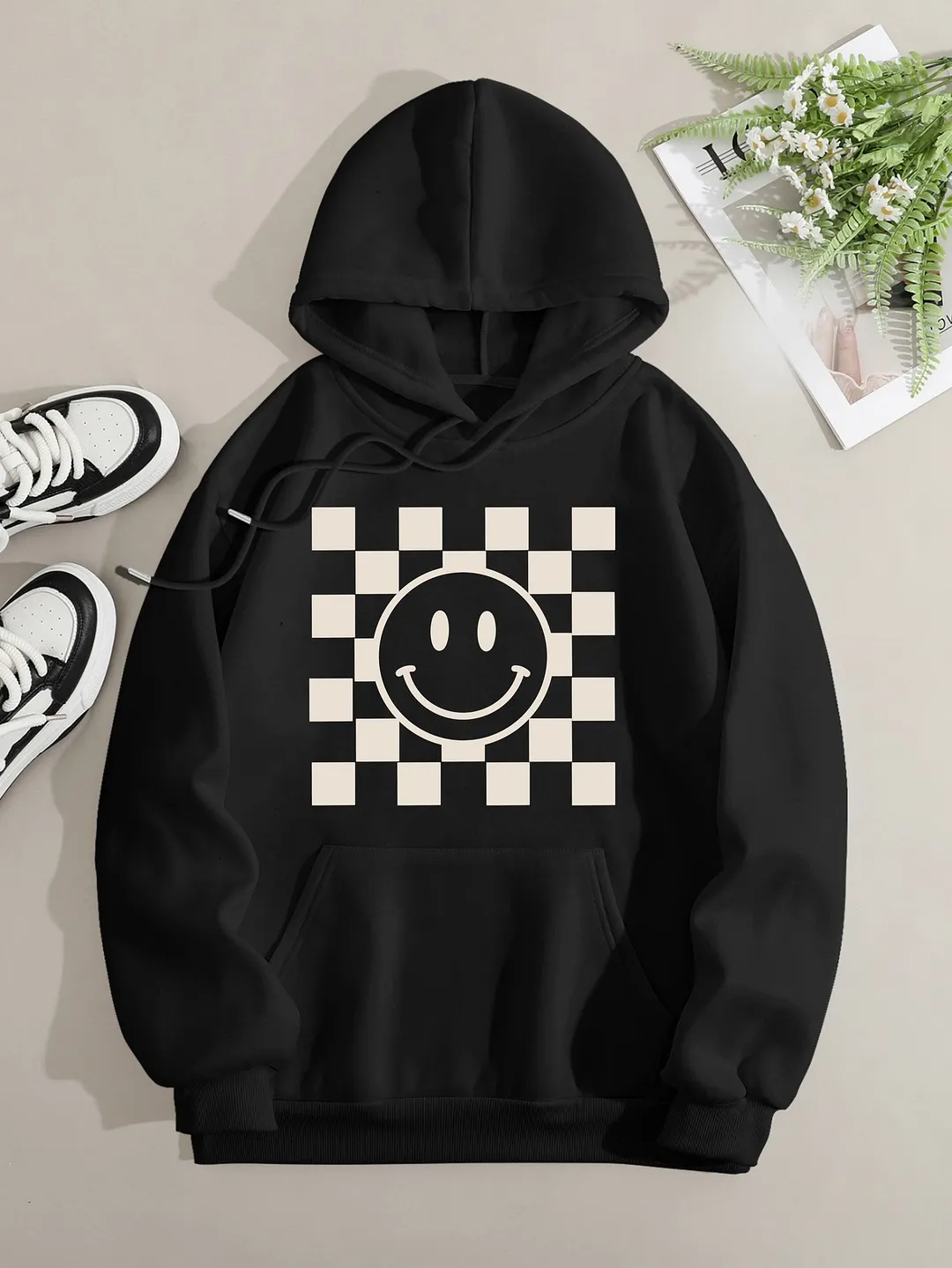 Printed on front Kangaroo Pocket Hoodie Long Sleeve for Women Pattern Smile Face