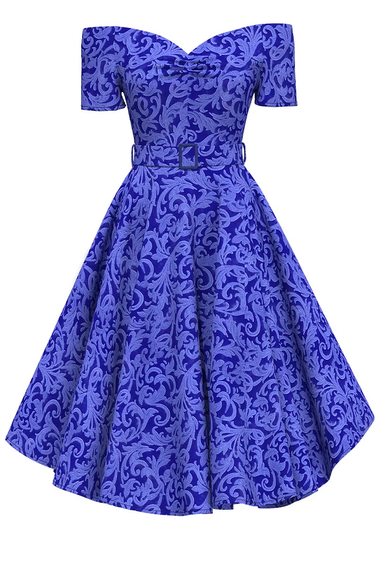 1950s Royal Blue Party Off The Shoulder Retro Print Flare Swing Midi Dress (With Belt) [Pre-Order]