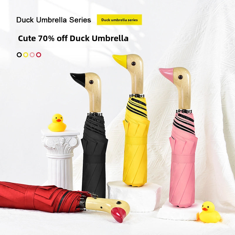 Spot 30% Creative Duck Umbrella Personalized Wooden Handle Duck Head Umbrella Cute Women's Black Glue Sunscreen Umbrella